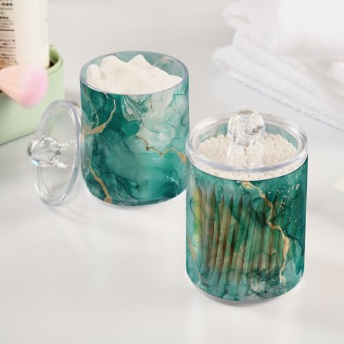 Fustylead 4 Pack Teal Marble Watercolor Background Plastic Apothecary Jar Set for Cotton Swab, Ball, Pad, Floss, Qtip Holder Dispensers for Bathroom Storage Organizer