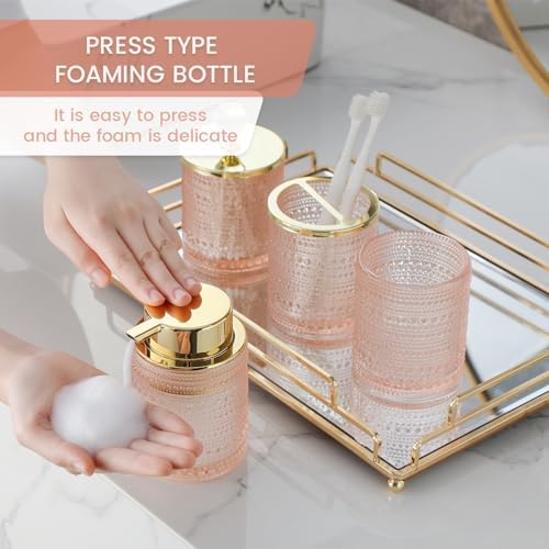 Pink Glass Bathroom Accessories Set with Foaming Soap Dispenser