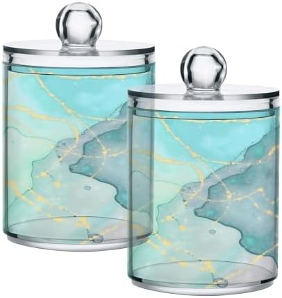 MNSRUU 2 Pack Qtip Holder Organizer Dispenser Modern Art Marble Teal Bathroom Storage Canister Cotton Ball Holder Bathroom Containers for Cotton Swabs/Pads/Floss