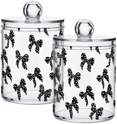 ALAZA 4pcs Black White Bow Polka Dots Qtip Holder Dispenser 14 oz Bathroom Storage Clear Apothecary Jars Containers Cotton Ball,Cotton Rounds,Floss Picks, Hair Clips, Food