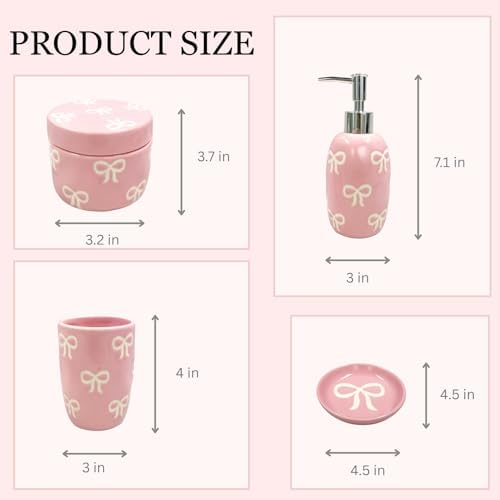 Bow Bathroom Set, 4 Pcs Ceramic Bathroom Accessory Sets - Soap Dispenser, Tumbler Toothbrush Holder, Vanity Soap Tray, Cotton Swab Jars - Pink Bathroom Decor Gift for Her (Pink)