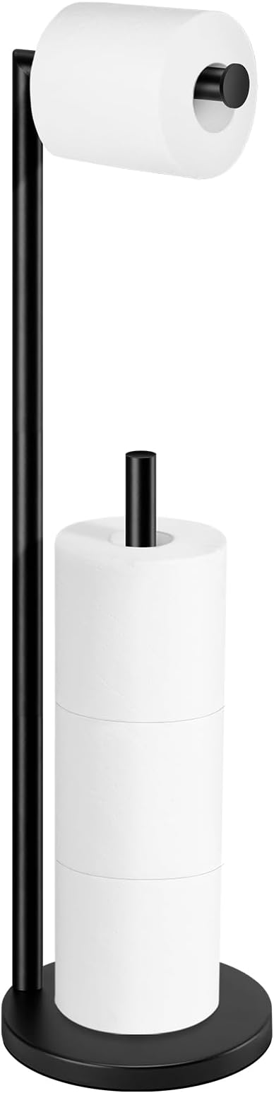 Toilet Paper Holder Stand, Black Toilet Paper Holder Free Standing | Toilet Paper Holder for 4 Rolls, Bathroom Organizers and Storage with Anti-Slip Base and Rustproof