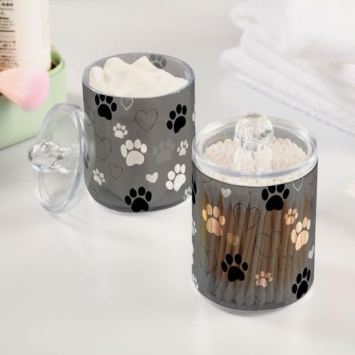 Fustylead 2 Pack Paw Print and Hearts Plastic Apothecary Jar Set for Bathroom Storage, Qtip Holder Dispensers for Cotton Ball, Swab, Round Pads, Floss