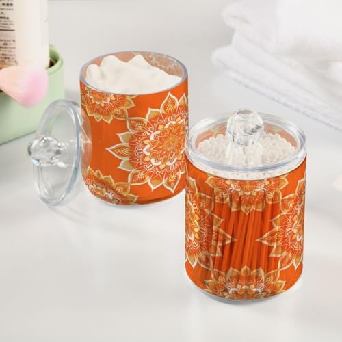 Orange Mandala Qtip Holder 4 Pack - 10 Oz Clear Plastic Apothecary Jar Set for Bathroom Organization - Versatile Canister Storage for Cotton Balls, Swabs, Rounds