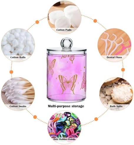 DOMIKING Butterfly Star Pink 2 Pack Cotton Swab Holder Dispenser Plastic Jar Bathroom Storage Canister Acrylic Containers for Cotton Round Pads Ball Swab