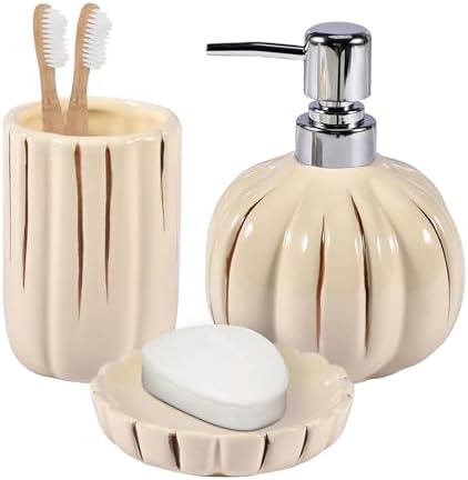 Fall Bathroom Accessory Set of 3, Harvest Pumpkin Bathroom Decor, Ceramic Bathroom Accessories Complete -Toothbrush Holders, Soap Dispenser, Soap Dish, Bathroom Organizer for Countertop