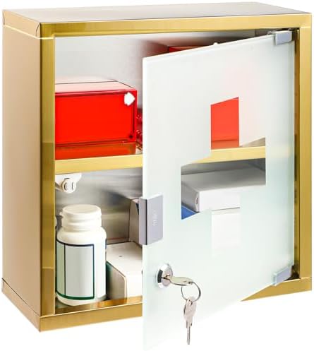 Timgle First Aid Wall Cabinet with Lock Medicine Wall Mounted Bathroom Storage Hanging Medical Cabinet with Safety Glass Door for Bathroom(2 Shelves,Light Gold)