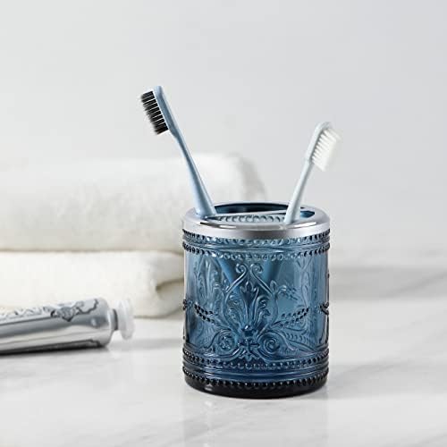 4PCs Teal Blue Glass Bathroom Accessories Set with Decorative Pressed Pattern - Includes Hand Soap Dispenser & Tumbler & Soap Dish & Toothbrush Holder (Dark Blue)