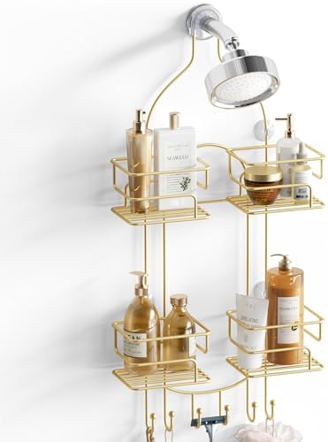 SRIWATANA Shower Caddy Hanging, Shower Organizer with Razor Hooks, Gold