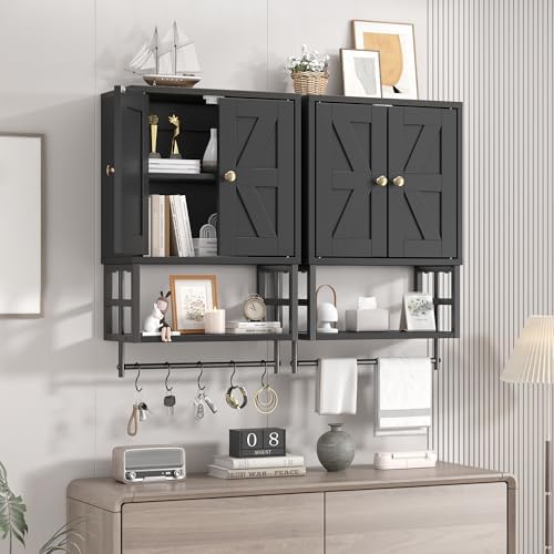 Bathroom Wall Cabinet, Farmhouse Medicine Storage with Towel Bar, Black