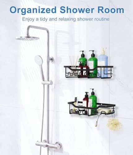 Shower Caddy Adhesive Bathroom Shelf, 2-Pack Rustproof Shower Organizer with Soap Holder, Wall Mounted Shelves for Large Storage with 16 Hooks