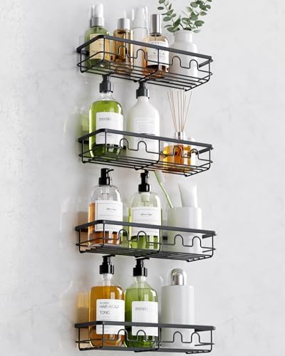 Adhesive Shower Caddy, Large Capacity Shower Racks for Inside Shower, No Drill Bathroom Shower Organizer and Storage, 4 Pack Black Bathroom Shelves, Home Decor Rv Accessories, Apartment