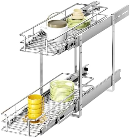 2 Tier Individual Pull Out Cabinet Organizer 5½" W x 21½" D, Heavy Duty Cabinet Pull Out Shelves, Slide Out Drawers Organization for Kitchen Cabinets Bathroom