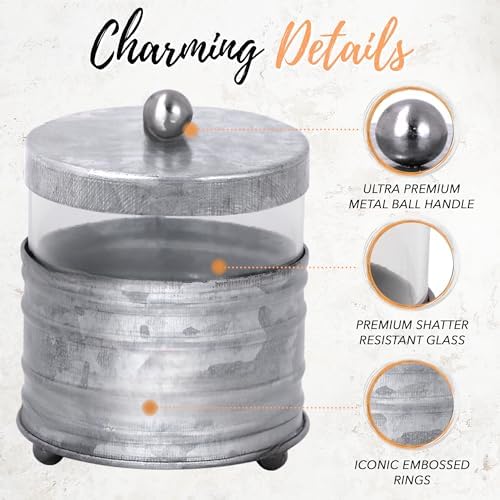 Autumn Alley Galvanized Bathroom Apothecary Jars Set, Farmhouse Bathroom Jars Qtip Holder Glass Dispenser- Rustic Vanity Organizer with Lids for Cotton Balls, Swabs, Rounds, Bath Salts 2-Glass Jars