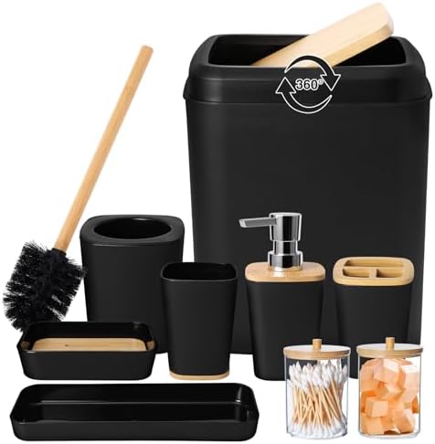 XLHOMO Black Bathroom Set - 9 Piece Accessory Set with Trash Can