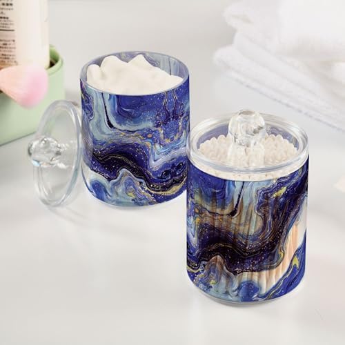 MNSRUU 2 Pack Qtip Holder Organizer Dispenser Purple Blue Marbling Bathroom Storage Canister Cotton Ball Holder Bathroom Containers for Cotton Swabs/Pads/Floss