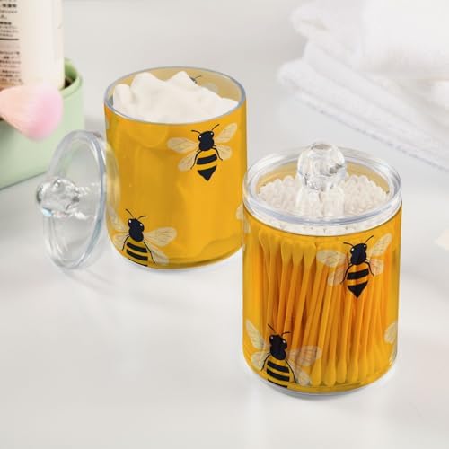 2 Pack Qtip Holder Organizer Dispenser Bees Yellow Pattern Bathroom Storage Canister Cotton Ball Holder Container for Cotton Pads/Swabs/Floss