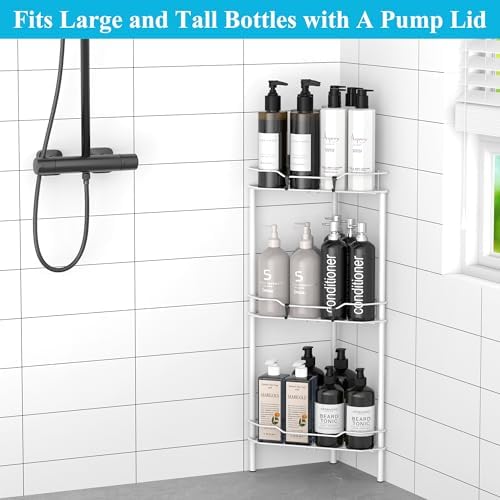 HuggieGems Metal Floor Standing Corner Shower Caddy, White, 3 Tier