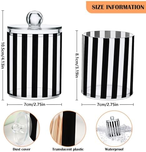 ALAZA Black White Striped 2 Pack Qtip Holder Dispenser for Cotton Swabs, Balls, Pads, Floss 10 oz Plastic Canister Organizer
