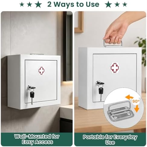 Lockable Wall-Mounted Medicine Cabinet with Key, Metal Medicine Organizer for Bathroom,Featuring Interior Shelf & Door Storage,Portable First Aid Cabinet with Top Handle,Weekly Pill Organizer Included