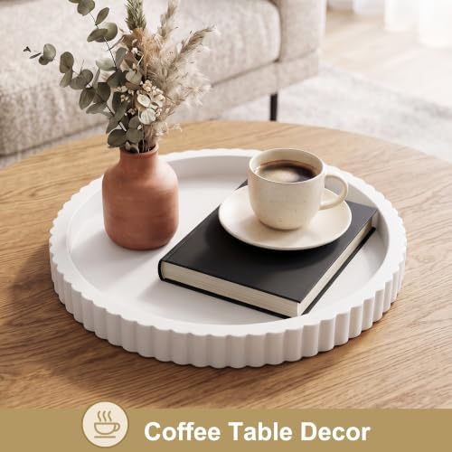 FGU Round Wood Decorative Tray for Coffee Table Home Decor, White