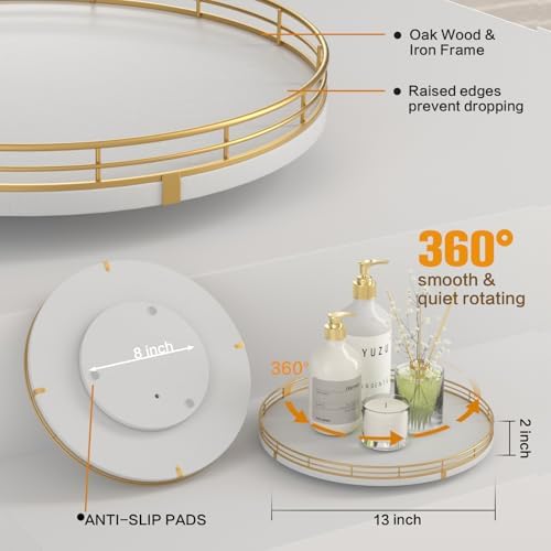Oroyutor 13-Inch White and Gold Wooden Lazy Susan Spice Organizer