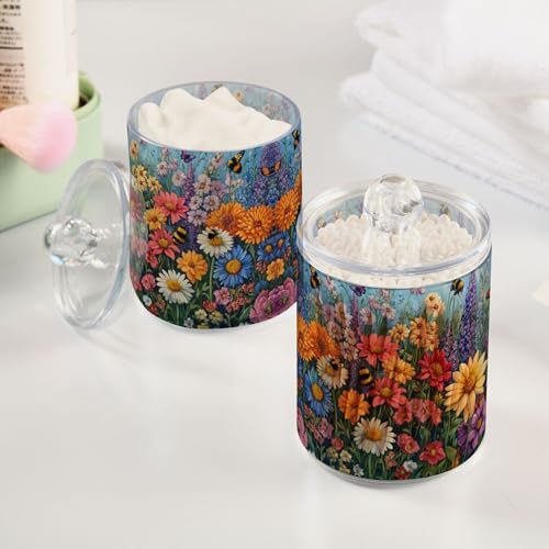 MNSRUU 2 Pack Qtip Holder Organizer Dispenser Floral Daisy Bee Spring Bathroom Storage Canister Cotton Ball Holder Bathroom Containers for Cotton Swabs/Pads/Floss