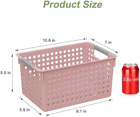 Soddeph 4 Pack Plastic Storage Basket with Handles, Small Deep Organizer Bin with Hollow Design for Under Counter, Shelf, Closet, Kitchen or Bathroom (Pink, Small)