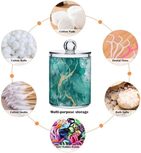 Fustylead 2 Pack Teal Marble Watercolor Background Plastic Apothecary Jar Set for Cotton Swab, Ball, Pad, Floss, Qtip Holder Dispensers for Bathroom Storage Organizer