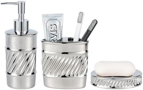 3-Piece Ceramic Bathroom Accessories Set - Soap Dispenser, Toothbrush Holder & Soap Dish with Modern Wave Embossed Design for Bathroom Accessory Set (Silver)