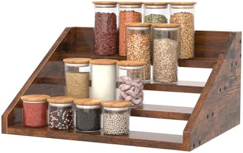 4 Step Spice Rack Organizer for Cabinet, Robust Wooden Display Riser Shelf Seasoning Organizer for Countertop Cupboard Pantry, Condiment Jar Kitchen Storage Holder Super Sturdy Stand, Rusitc Brown