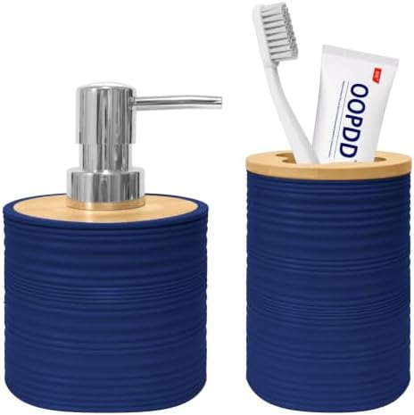 2 Piece Bathroom Accessories Set, Blue Soap Dispenser and Toothbrush Holder