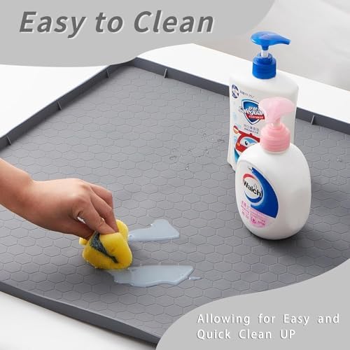 Under Kitchen Sink Mat 25" x 19", SAZTEAY Waterproof Silicone Under Sink Tray, Under Sink Protector Mat for Bathroom and Kitchen Cabinets(Grey)