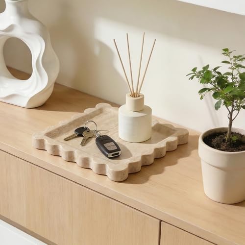 Scalloped Square Marble Decorative Tray, Natural Stone Vanity & Jewelry Tray, Trinket Organizer for Ring, Key, Dresser, Nightstand, Bathroom Counter & Kitchen Sink(Beige Travertine)