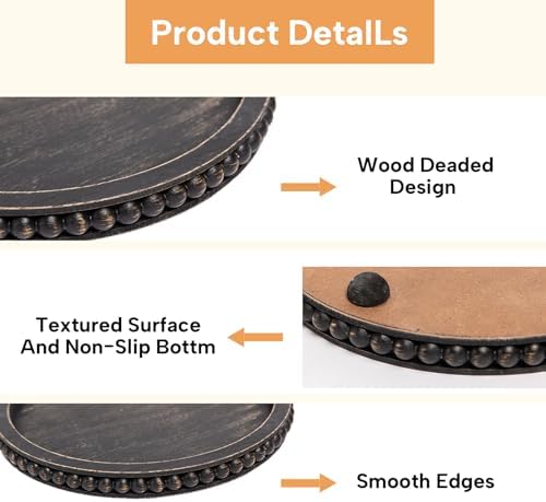 HPC Decor 12in Round Tray for Home Decor- Black Wood Beaded, Decorative Round Tray for Living Room Decor, Coffee Table Decor, Kitchen Table Decor or Farmhouse Serving Tray