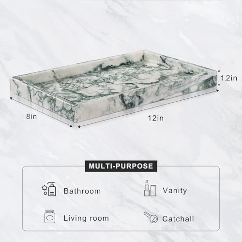 Marble Bathroom Tray for Countertop & Home Decor, Natural Decorative Marble Tray for Jewelry & Perfume Organizer, Luxury Stone Vanity Trays for Dresser, Kitchen Counter, 12" x 8", Jade Green