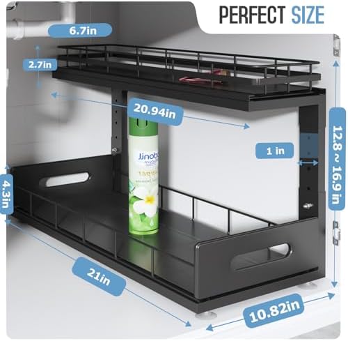 Under Sink Organizer Upgrade To Professional Rails,2-Tier Dual Pull Out Cabinet Storage,Height Adjustable Slide Out Drawers For Bathroom Kitchen,2 Pack-21"Dx12.8"-16.9"H,Black