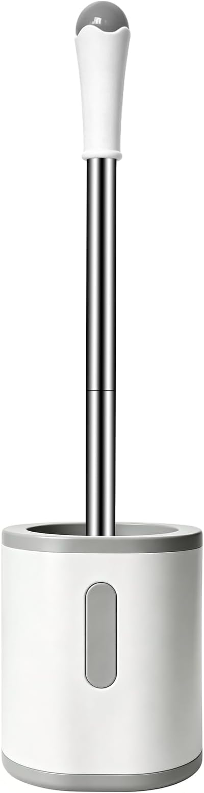 AONEZ Compact Toilet Brush & Holder, Stainless Steel Handle, Space Saving for Storage, Deep Cleaning, Drip-Proof, Easy to Assemble, Nylon Bristles, White & Grey | Stainless Steel Handle; Easy to Hide; Space Saving for Storage; Drip-Proof; Easy to Assem...