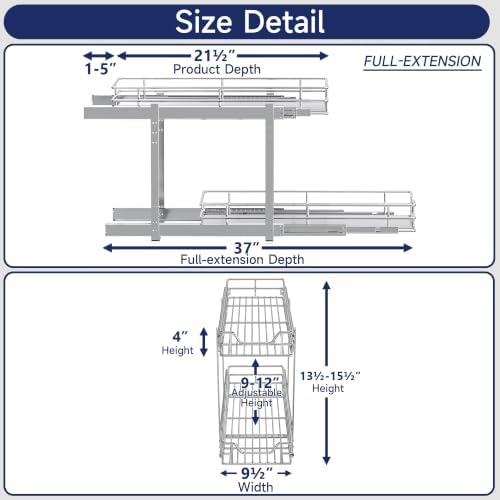 2-Tier Pull Out Cabinet Organizer, 9" W x 21.5" D, Heavy Duty Dual Slide Out Shelves for Narrow Base Cabinets, Chrome Wire Basket Drawer for Spices, Bottles & Snacks