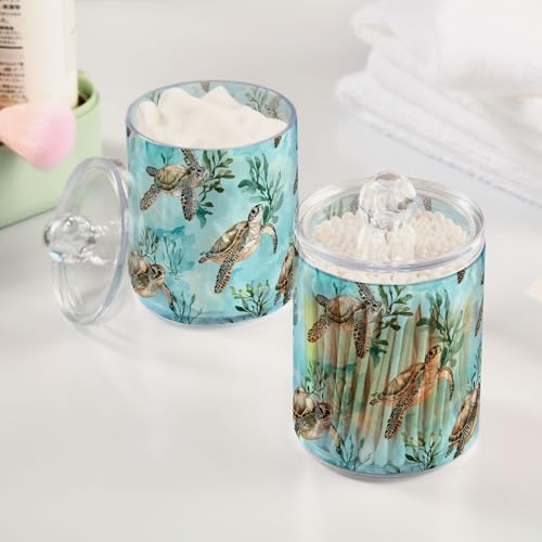 ALAZA 2 Pack Qtip Holder Sea Turtles Aqua Pattern Seaweeds, Cotton Swab Dispenser with Lid Bathroom Containers Canister Organizer Storage Jar