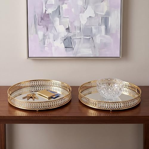 Yikinip12 Inch Round Glass and Gold Round Tray Set of 2，Dinner Plate Perfume and Vanity Tray - Decorative Mirrored Vanity Tray with Gold Metal Cutout Design, Jewelry Organizer (12 Inch Round Set of 2)