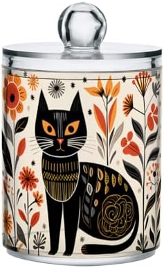 MNSRUU 2 Pack Qtip Holder Organizer Dispenser Black Cat Flowers Pink Bathroom Storage Canister Cotton Ball Holder Bathroom Containers for Cotton Swabs/Pads/Floss