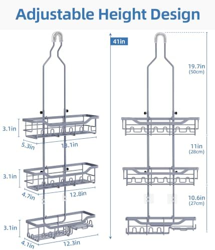 Adjustable Shower Caddy Hanging, Extended Length Organizer Over Shower Head, 3 Tier Long Neck Shower Rack with Soap Holder for Large Storage, Grey