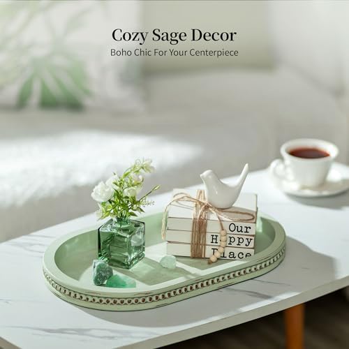 Hanobe 15" Sage Green Decorative Trays for Coffee Table Decor, Beaded Edge