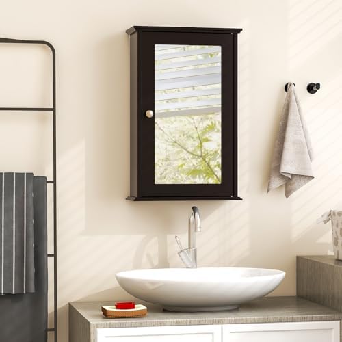 Tangkula Bathroom Medicine Cabinet with Mirror, Wall Mounted Single Mirror Door Storage Cabinet w/Adjustable Shelf, Wall Cabinet w/Reversible Door for Bathroom Living Room Hallway (Brown)