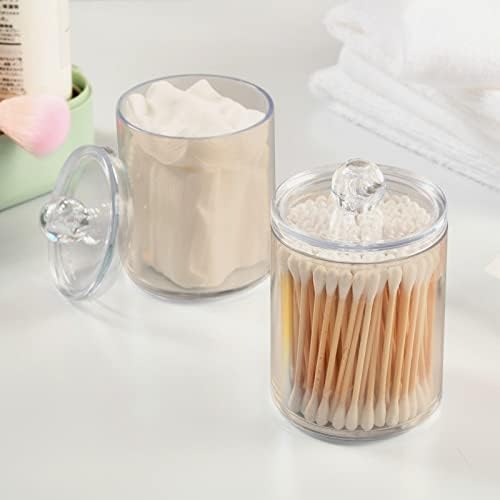 DOMIKING Beige 2 Pack Cotton Swab Holder Dispenser Plastic Jar Bathroom Storage Canister Acrylic Containers for Cotton Ball Floss Picks Hair Clips