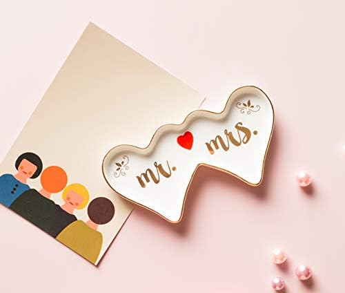 Stephanie Imports Double-Hearted Mr & Mrs Ceramic Trinket Plate and Decorative Jewelry Dish