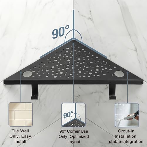 HIDROP Matte Black Corner Shower Shelves with Hooks and Razor Holes, 2 Pack