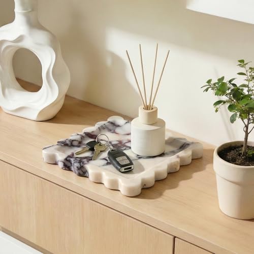 Scalloped Square Marble Decorative Tray, Natural Stone Vanity & Jewelry Tray, Trinket Organizer for Ring, Key, Dresser, Nightstand, Bathroom Counter & Kitchen Sink(Calacatta Viola)