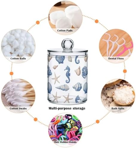 Seashells on Blue Board Qtip Holder Apothecary Jars Bathroom Storage Floss Makeup Organizer for Cotton Ball Swab Acrylic 2 Packs